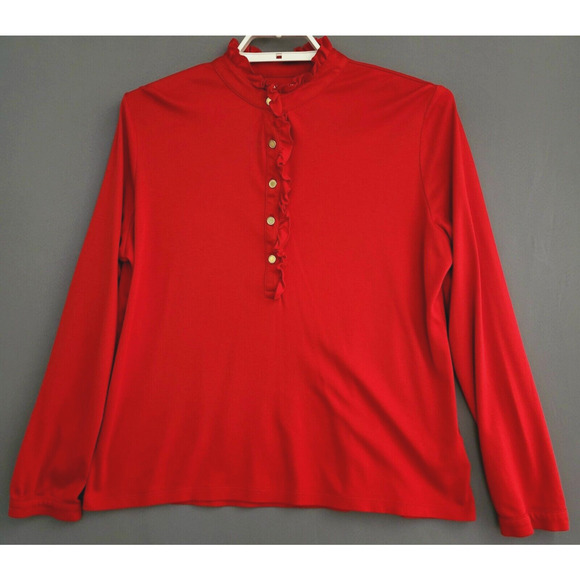Lands End Henley Top Womens Large Red Ruffle 1/4 Buttons Long Sleeves Stretches - Picture 1 of 8